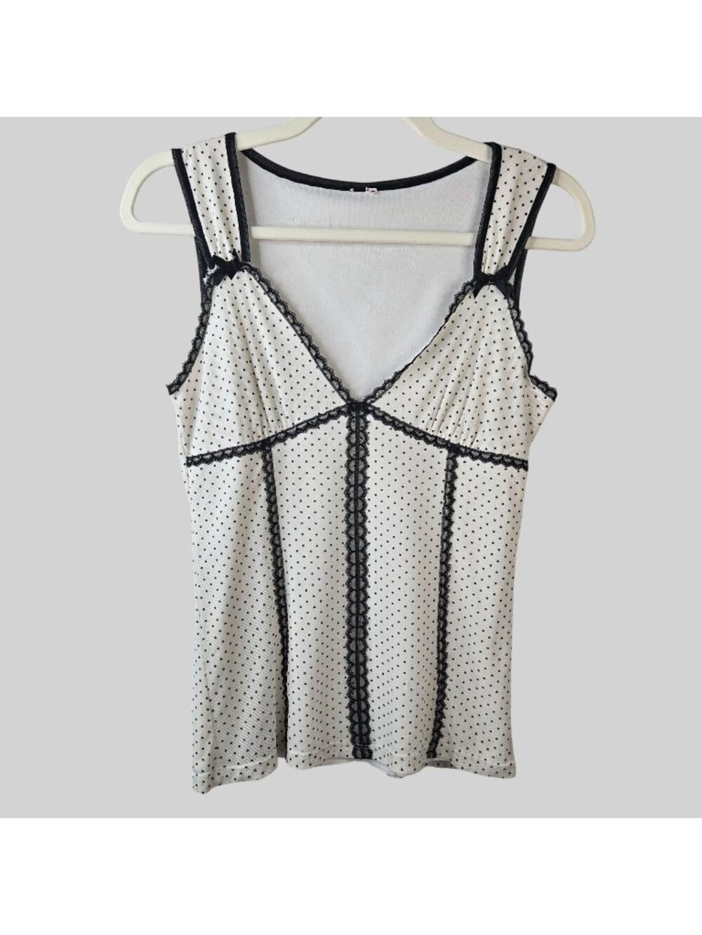 Polka Dot Cami Tank Top Sz XS White Black Lace Bow V Neck Y2K Retro Fitted Shirt